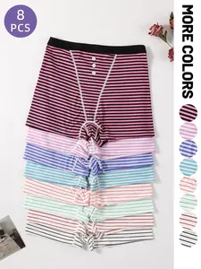 Women's Striped Print Underwear Set, Breathable Fabric Comfort Panties, All Seasons Wear, Simple Design, Pack of 8