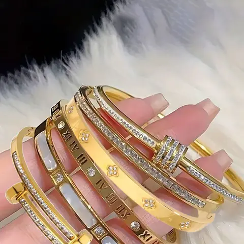 6-piece French luxury bracelet set, Bracelet bundle, made of 304 stainless steel, suitable for daily wear, perfect for gifting during holidays, Rhinestone Decorated Bangle, Trendy Stack Bangle, Bracelets Stack, Cuff Bangle Set