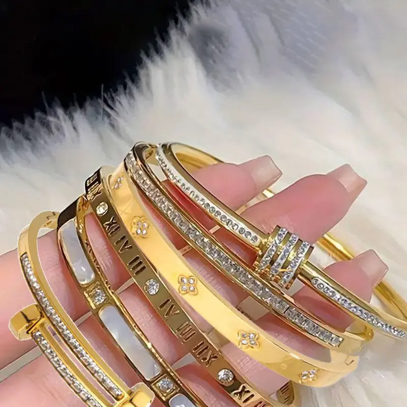 6-piece French luxury bracelet set, Bracelet bundle, made of 304 stainless steel, suitable for daily wear, perfect for gifting during holidays, Rhinestone Decorated Bangle, Trendy Stack Bangle, Bracelets Stack, Cuff Bangle Set