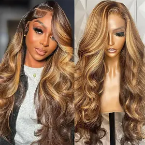 13x6 Lace Front Wigs Human Hair Highlight Ombre Lace Front Wig Human Hair Honey Blonde Colored Hd Body Wave Wig for Women Pre Plucked Glueless Lace Frontal Wigs 180 Density P4/27/99J/Natural Black