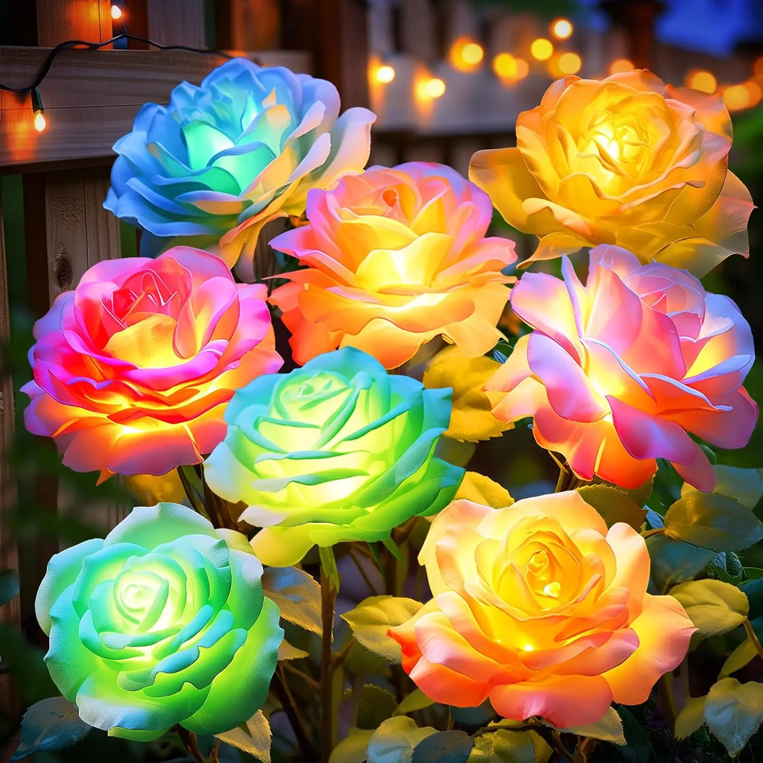 Solar Flower Lights Outdoor : 4 Pack 7-Color Changing LED Rose Stake Decor for Garden Pathway Patio Lawn - Solar- Artificial Blooms Spring-Summer Yard Decorations