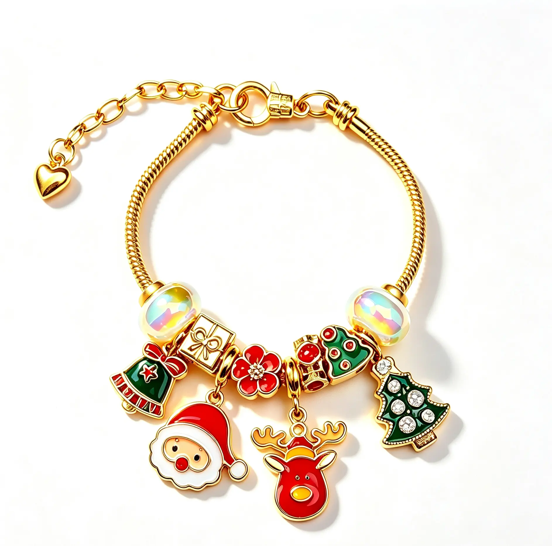 Christmas Charm Bracelet for Women, Gold Plated Snake Chain Beaded Bracelet with Santa Claus, Reindeer, Christmas Tree Enamel Charms, Holiday Xmas Jewelry Gift