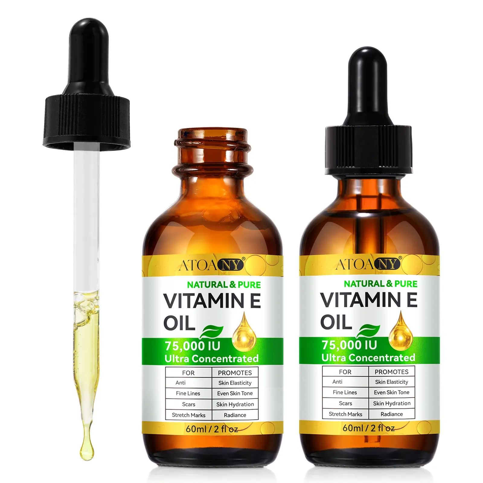 Two-pack of ATOANY Vitamin E Facial Oil, 75,000 IU, ultra-concentrated Intensive moisturizing Hydrating oil, Daily Nourishing Moisture, nourishes skin and improves complexion, suitable for dry and dull skin, 60ml/bottle Even Skin Tone