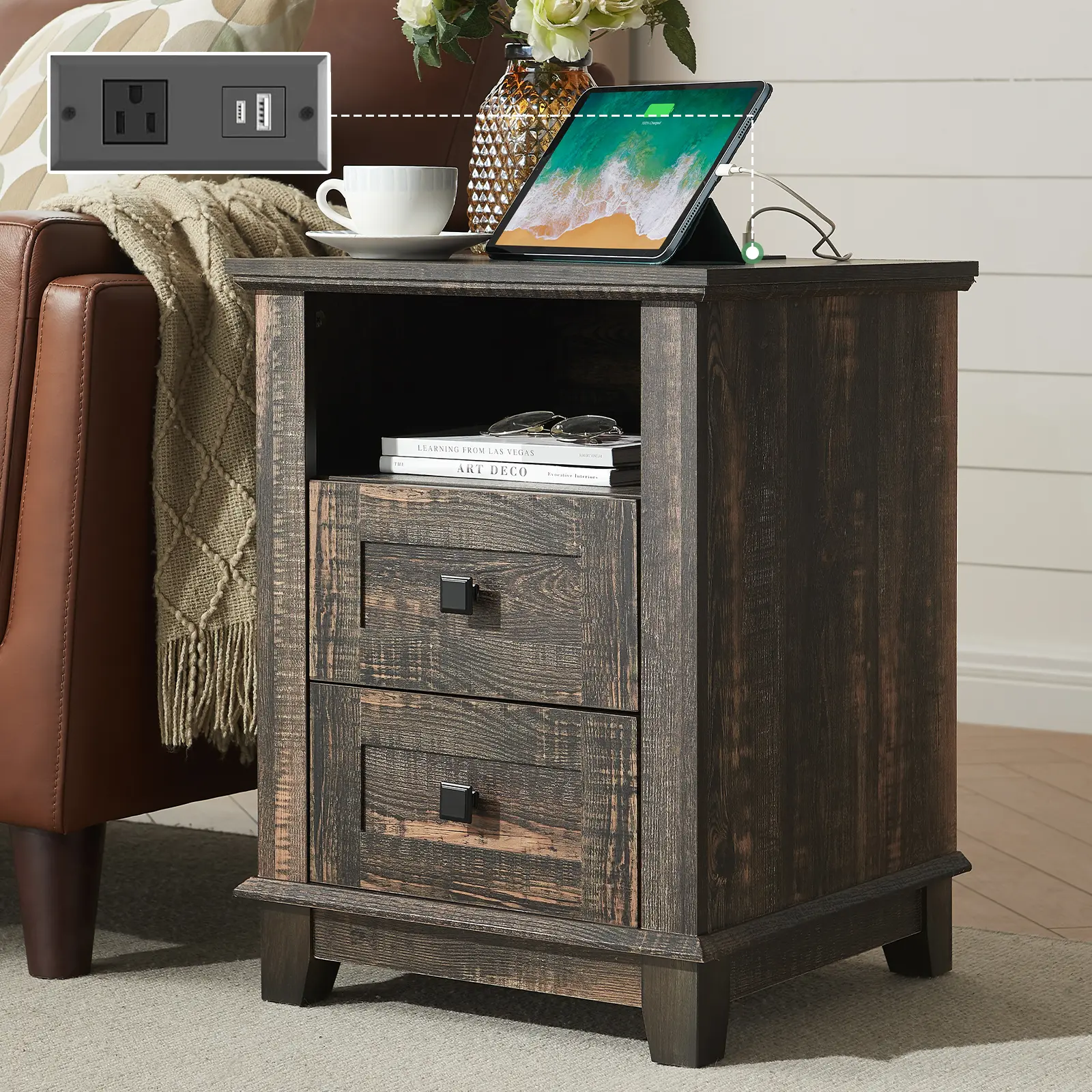 ALBOTT Nightstand with Charging Station, 18" Farmhouse End Table with Storage Drawers, Narrow Bedside Table with USB Ports for Living Room[tiktokshopbacktoschool][SohoChic]