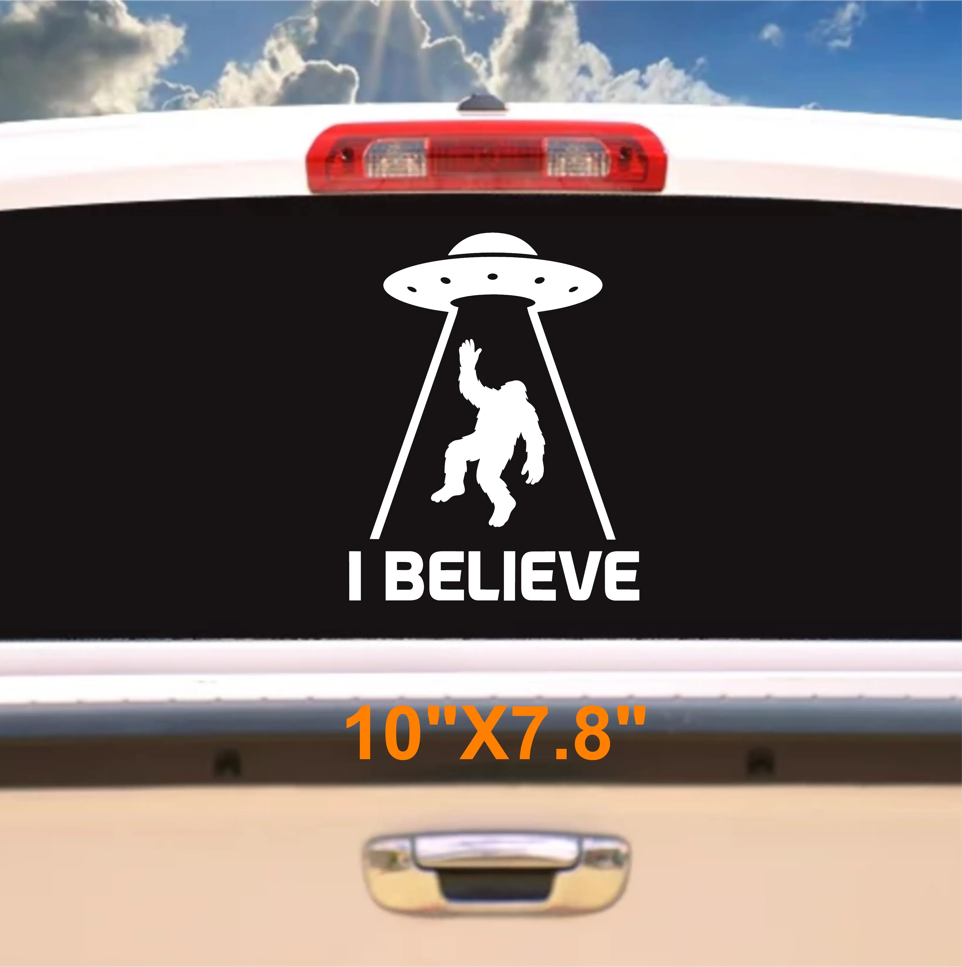 bigfoot ufo abduction with I believe text vinyl decal sasquatch being abducted by ufo, cryptid sticker for car, truck, rv, or windows. stickers