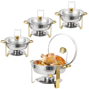 Chafing Dishes for Buffet Set of 4, 5QT Buffet Servers and Warmers, Round Catering Food Warmers Stainless Steel Chafing Dish Buffet Set with Glass Lid & Lid Holder for Parties Events, Gold