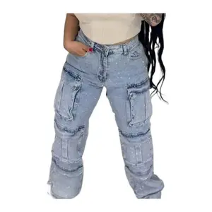Plus Size Women's High Waist Cargo Jeans Full Rhinestone Shiny Casual Loose Pants Street Fashion Daily Pants Women's Bottoms