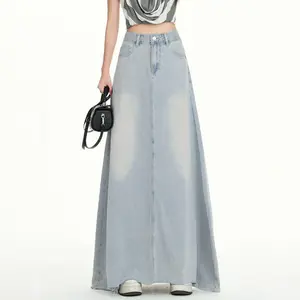 Style High-Waisted Flowy Denim Skirt Women's Spring Summer  Frayed Hem Flared Denim Skirt