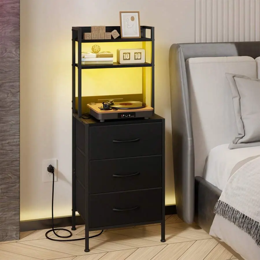 Black Marble 41-in High Nightstand with Charging Station - 1pc, 11.8-in Wide, 2 AC Sockets, USB Ports, 3 PU-Finished Fabric Drawers, 5-ft Cord, Simple Setup, Bedside/Office Table & Bookshelf, Mdf Board, Rectangular
