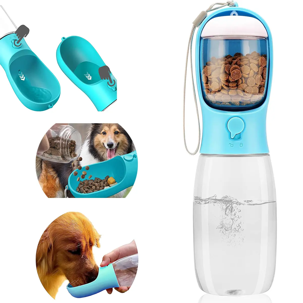 Portable Pet Water Bottle with Food Container & Activated Filter - Compact, Pocket-Size Carry (100g, 19oz) Pet Water Bowl Dispenser for Yorkie, Chihuahua & Cat Walking, Hiking, Handheld