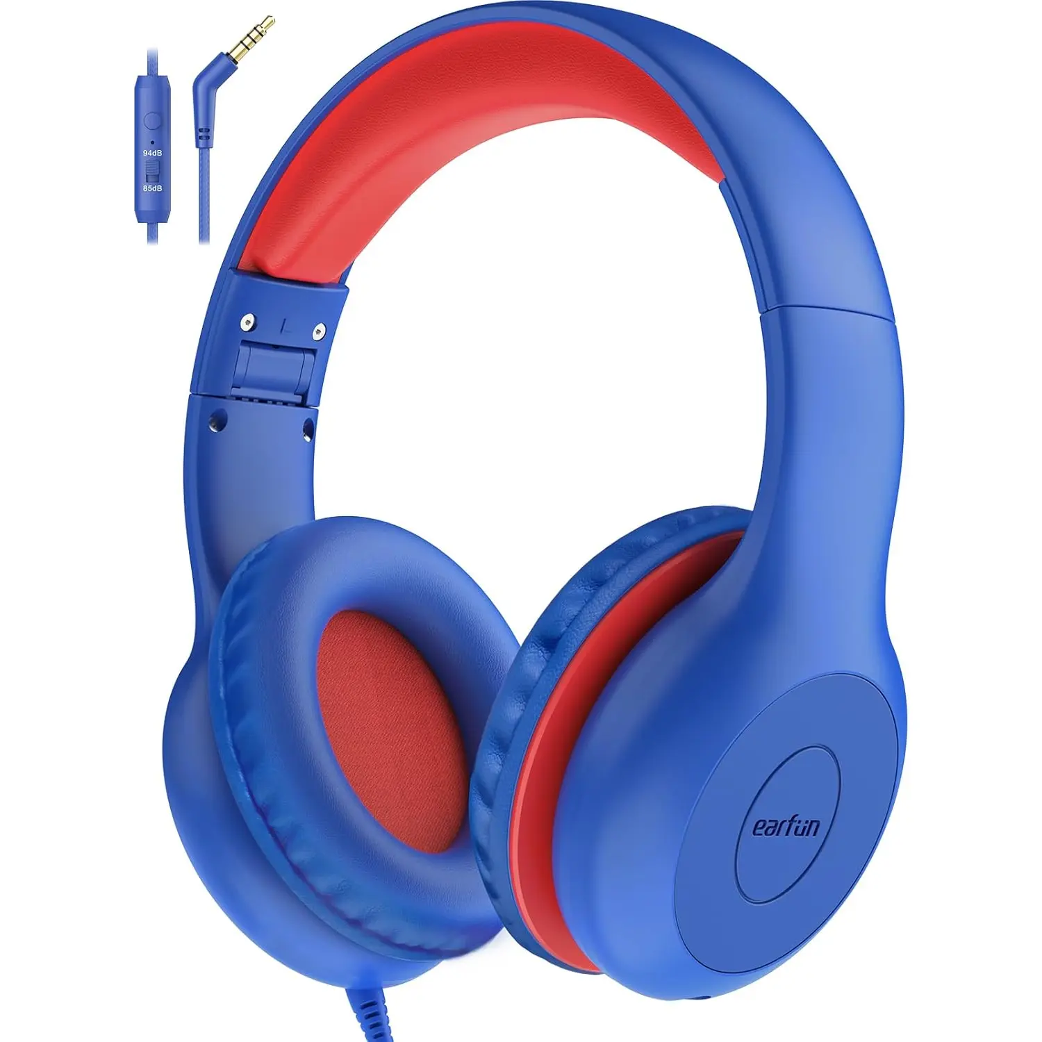 Earfun K1 Kids Headphones Wired with Mic, Volume Limit Headphones for Kids | Portable Wired Headphone with Shareport, Stereo Sound, Foldable Headset for School/Toddler/Tablet/Ipad/Kindle, Navy Red EarFun
