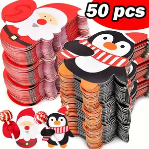 Christmas Lollipop Paper Cards, 50/100pcs - Cartoon Santa, Penguin, Designs for Youngsters' Candy Gift Wrapping & New Year Party Decorations, Red/Black, New Year Decorations|Cartoon Christmas Characters|Durable Paper Material