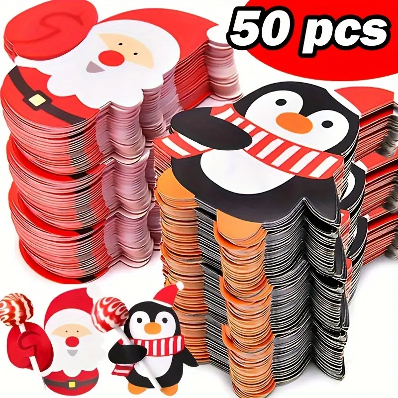 Christmas Lollipop Paper Cards, 50/100pcs - Cartoon Santa, Penguin, Different Designs for Youngsters' Candy Gift Wrapping & New Year Party Decorations, Red/Black, New Year Decorations|Cartoon Christmas Characters|Durable Paper Material