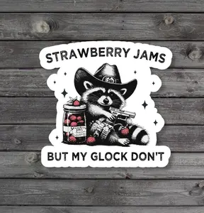 Strawberry Jams But My Glock Don't Sticker, Funny Raccoon Sticker, Gen Z Humor, Millennial Laptop Sticker, Book Stickers, tumbler laptop sticker, water bottle stickers