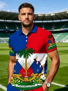 Men's Sea Globe Fan Design Polo Shirt, National Emblem Print Casual Short Sleeve Top, Slim-Fitting All over Print Clothing