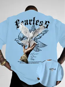 Men's Classic Letter Pigeon Print T-Shirt, Summer Round Neck Short Sleeve Casual Comfort Top, Loose-Fitting Outdoor Wear