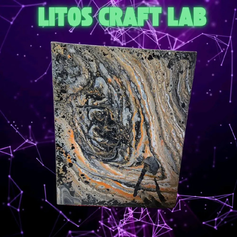 LITOS CRAFT LAB DIY Black and Orange Fluid Art Piece - Unique Abstract Design with Colorful Swirls