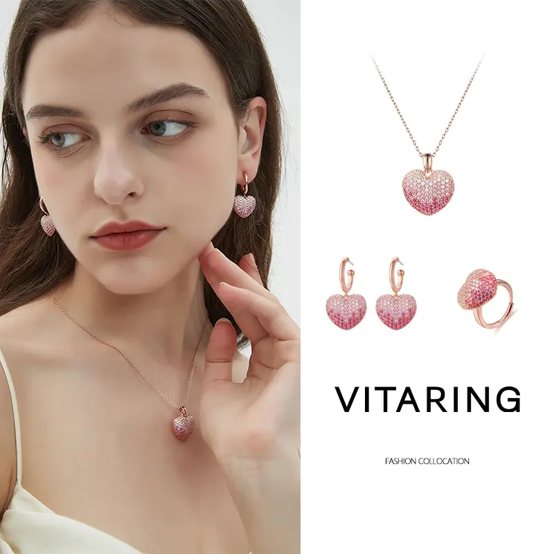 Gradient Pink Heart Jewelry Set for Women 14K Rose Gold Plated Cubic Zirconia Necklace Earrings Ring Dainty Collarbone Chain Niche Design Light Luxury Everyday Wedding Party Jewelry Gifts  VITARING