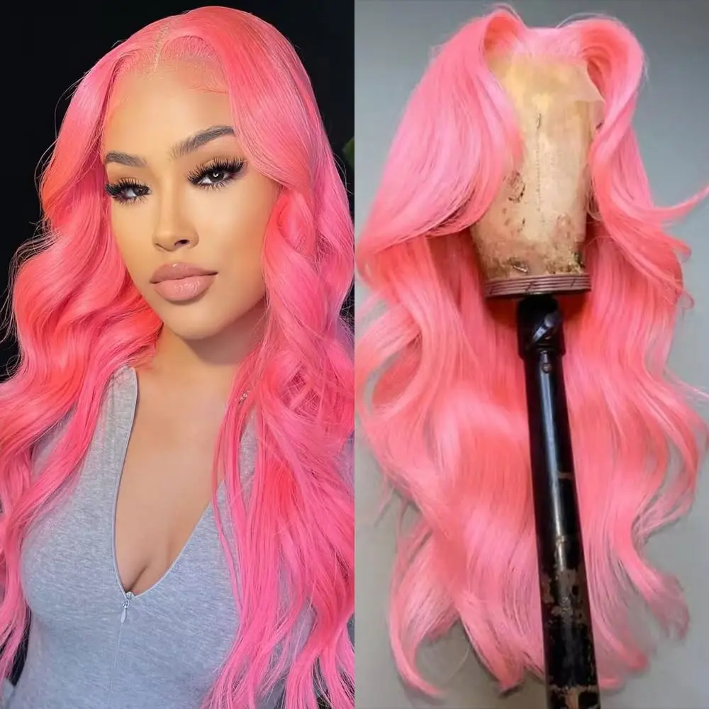Body Wave Pink Lace Front Wigs Human Hair 13x6 HD Pink Lace Front Wig Human Hair Wear and Go Glueless Wig Pre Plucked with Natural Hairline 32 Inch Hot Pink Colored Hd Lace Frontal Wigs For Black Women summerwins
