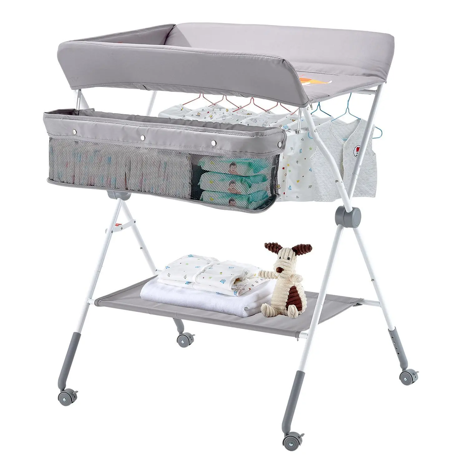VEVOR Baby Changing Table, Foldable Diaper Change Station with Side Basket, Adjustable Height Portable Changing Table with Lockable Wheels, Multi-Functional Storage Organizer Nursery, Light Gray#BackToSchool