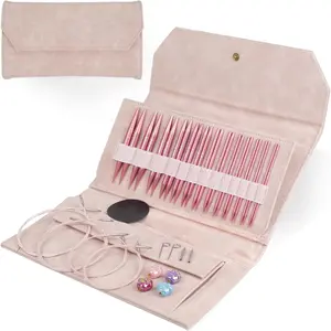 Circular Knitting Needles Set, 13 Pairs Interchangeable Knitting Needles 3mm-10mm with 4 Cables, Accessories & Pink Storage Bag, 4 Inch Aluminum Knitting Needles US Size 2~15