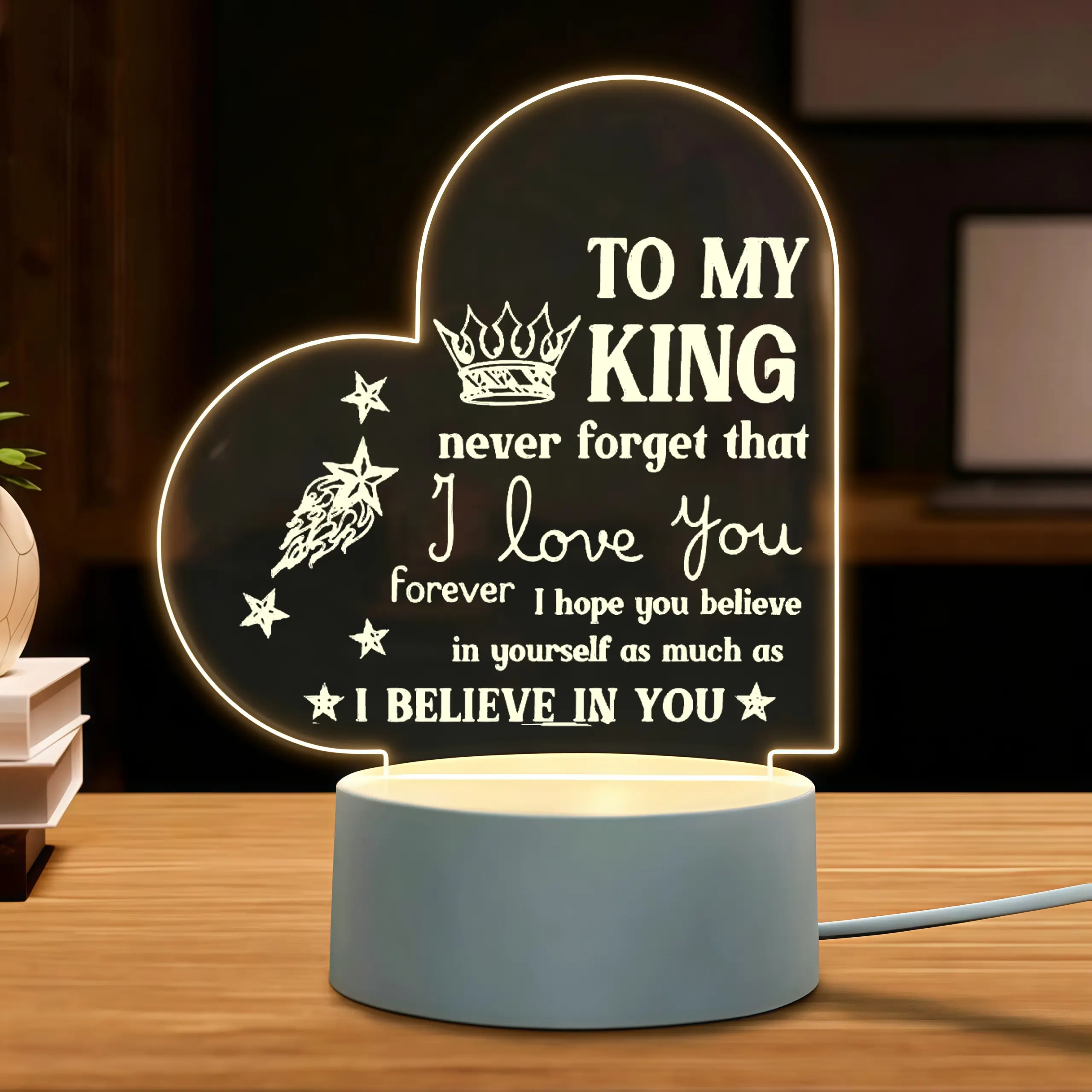 Heart Shaped Acrylic Night Light Gifts for Him, To My King Engraved LED Lamp, Anniversary Birthday Valentine's Day Christmas Present for Husband Boyfriend, Bedroom Desktop Decor Light