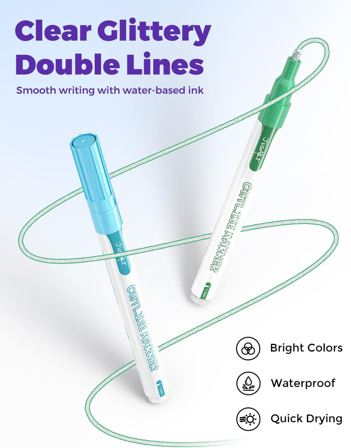 [JusArt] 12 Colors Outline Markers, Double Line Glitter Markers for Kids DIY Card Crafts, Metallic Markers Drawing Art Supplies Gift