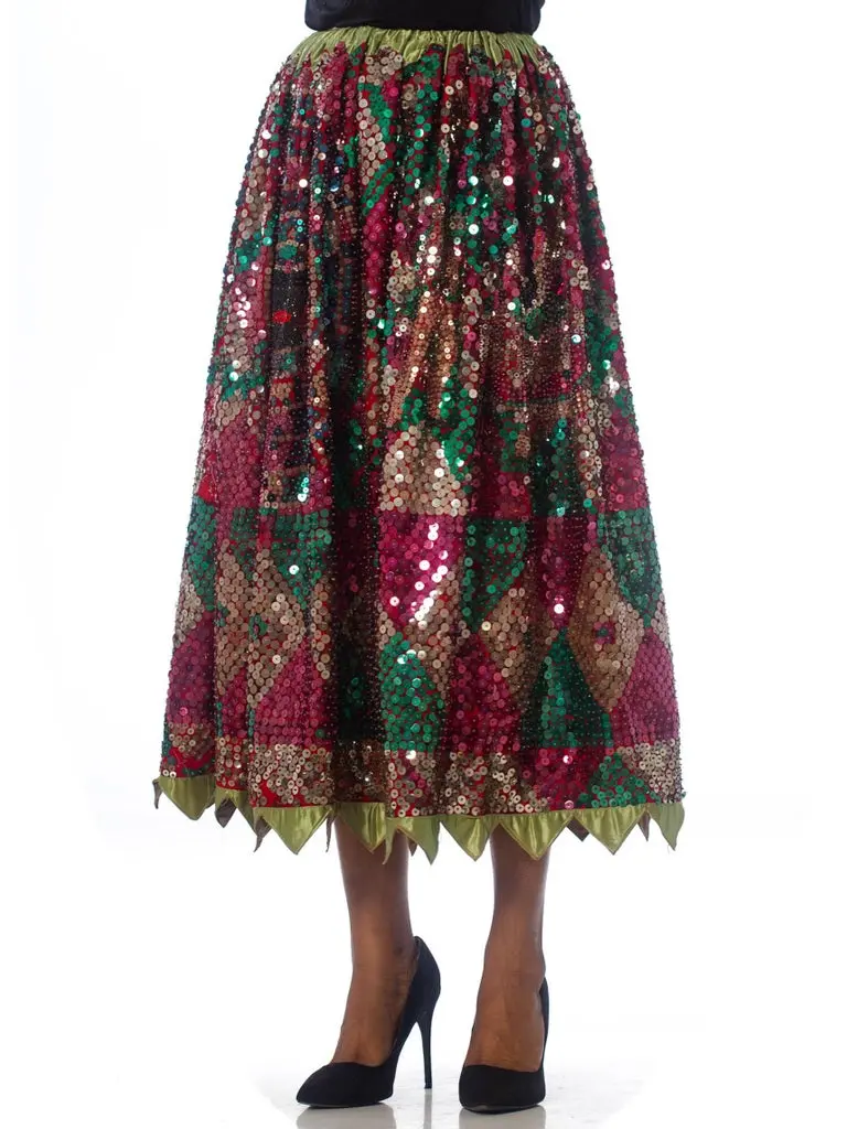 1950S Red & Black Cotton Fully Sequined  Skirt With Mexican Folk Scenes