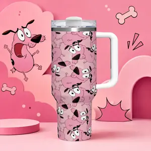 1pc 40oz Courage the Cowardly Dog Tumbler with Handle, Cartoon Dog Print Stainless Steel Insulated Cup, Vacuum Travel Mug with Lid, Large Capacity Thermos for Water Iced Coffee Tea, TikTok Viral Cup for Home Office Outdoor Use