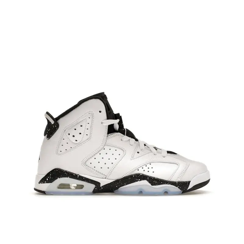 Nike Air Jordan 6 Retro “Reverse Oreo” (GS) Basketball Shoes – Grade School Sneakers featuring Premium Leather Upper, Classic Jordan 6 Silhouette, Visible Air Cushioning in Heel, Durable Rubber Outsole with Translucent Accents, and Timeless Black/White