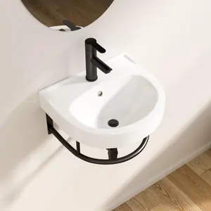 Logmey 16 Inch Wall Mount Bathroom Sink 16"x14" Floating Sink White Porcelain Ceramic Wall Hung Vessel Sink Wash Hand Basin with Bracket