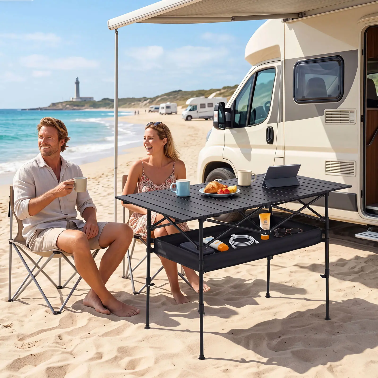 Senmeo Upgraded Stable Folding Camping Table, Adjustable Height Portable Side Tables, Beach Table with Mesh Layer, Lightweight Compact for Outdoor Picnic BBQ Cooking