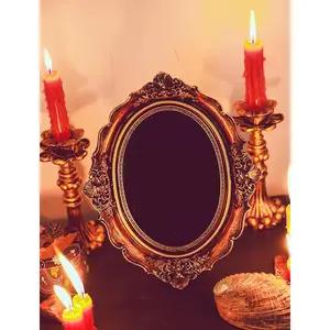 Black Scrying Mirror - Witchcraft Tools Altar Kit Supplies for Divination - Decorative Oval Antique Dark Gold 8.3" W x 10"