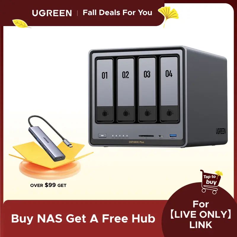 【LIVE ONLY】UGREEN NASync DXP4800 Plus 4-Bay Desktop NAS, Intel Pentium Gold 8505 5-Core CPU, 8GB DDR5 RAM, 128G SSD, 1*10GbE, 1*2.5GbE, 2*M.2 NVMe Slots Diskless（Drives Not Included）,TikTokShopHolidayHaul summerwins Home Office Computadora De Escritorio,,