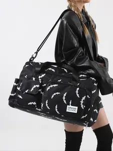 Small niche design street style bat print travel bag, multi pocket design, detachable shoulder strap, can be carried in a suitcase, large capacity casual versatile single shoulder handbag, suitable for short distance travel