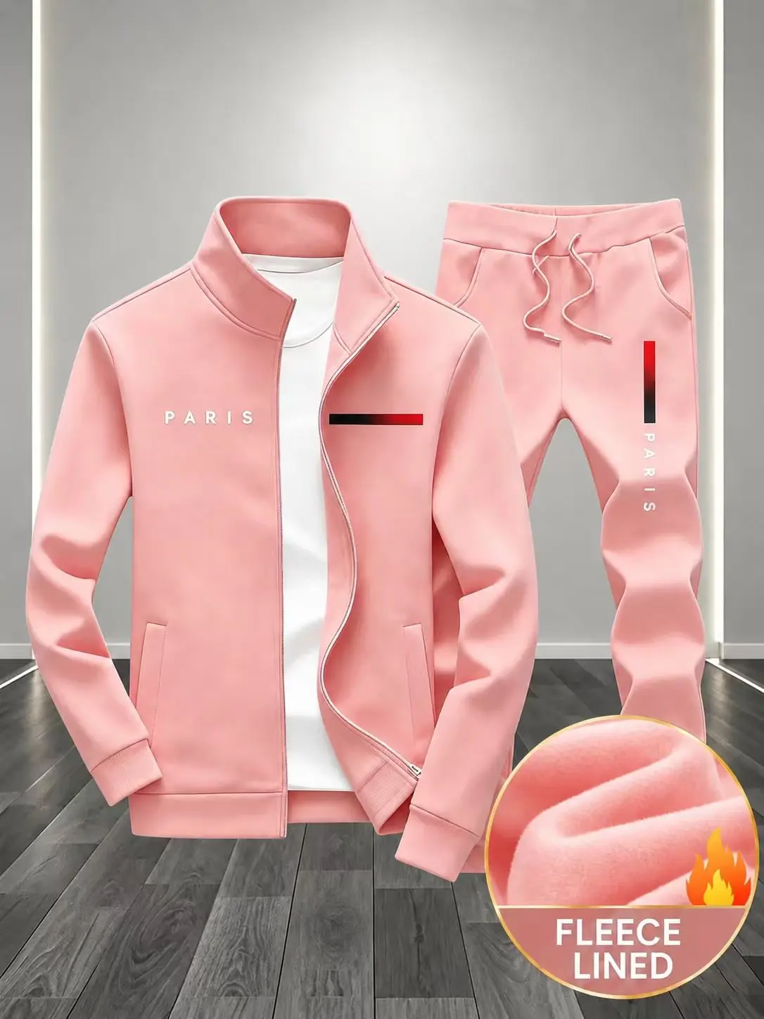 Paris Fleece Lined Pink Tracksuit Set for Men - Cozy and Stylish Joggers with Zipper Front and Drawstring Waist