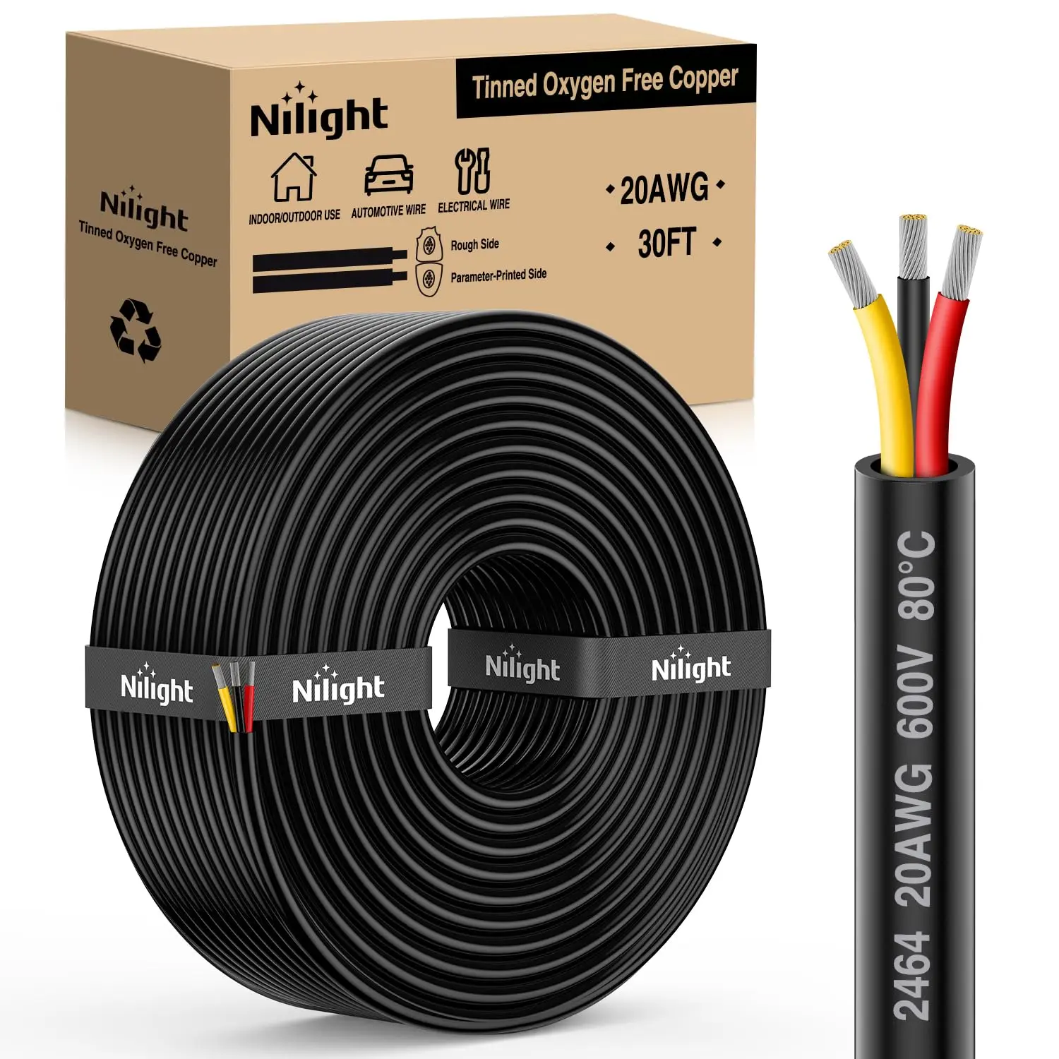 Niligft 20AWG 3-Conductor PVC+Copper Electrical Wire, 30FT Red-Black-Yellow Parallel Cord, 600V DC Flexible Extension with Cable Tie, Outdoor Safe Water Resistant Direct Burial Anti-Corrosion Solder-Friendly for LED Strips, Lamps, DIY Users