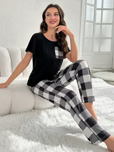 Women's French Style Aesthetic Summer Pajama Set, Fitted Round Neck Short Sleeve Plaid Long Pants, Casual Comfortable Sleepwear with Pockets, Loungewear Pjs, Soft Lounge Sets, Womenswear