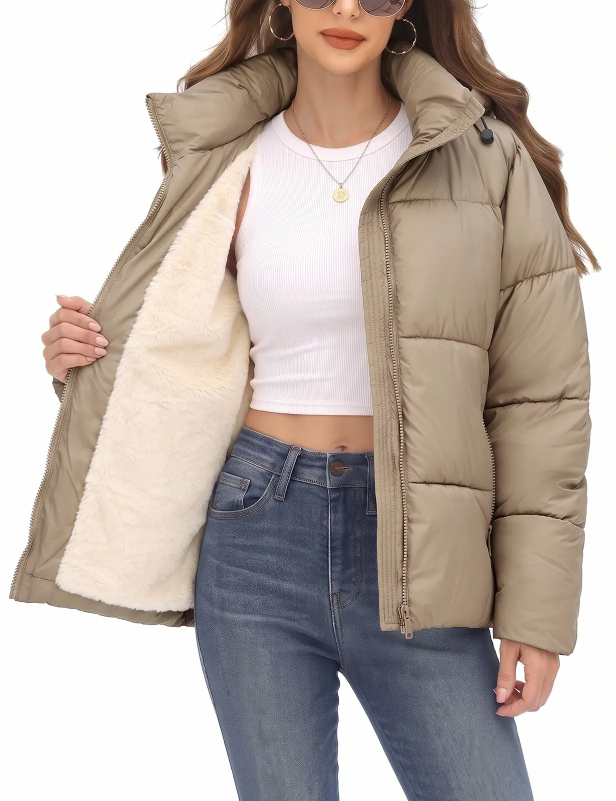 Winter Puffer Coat for Women Warm Cropped Jacket | Faux Fur Lining Quilted Parka with Pockets & Hood