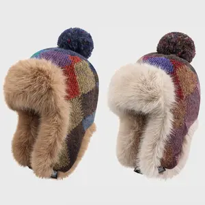 HT4914 New Autumn Winter Hat for Women Russian Hat Ladies Thick Warm Knitted Hat Fluffy Fur Colored Snow SKi Earflap Cap Ushanka
