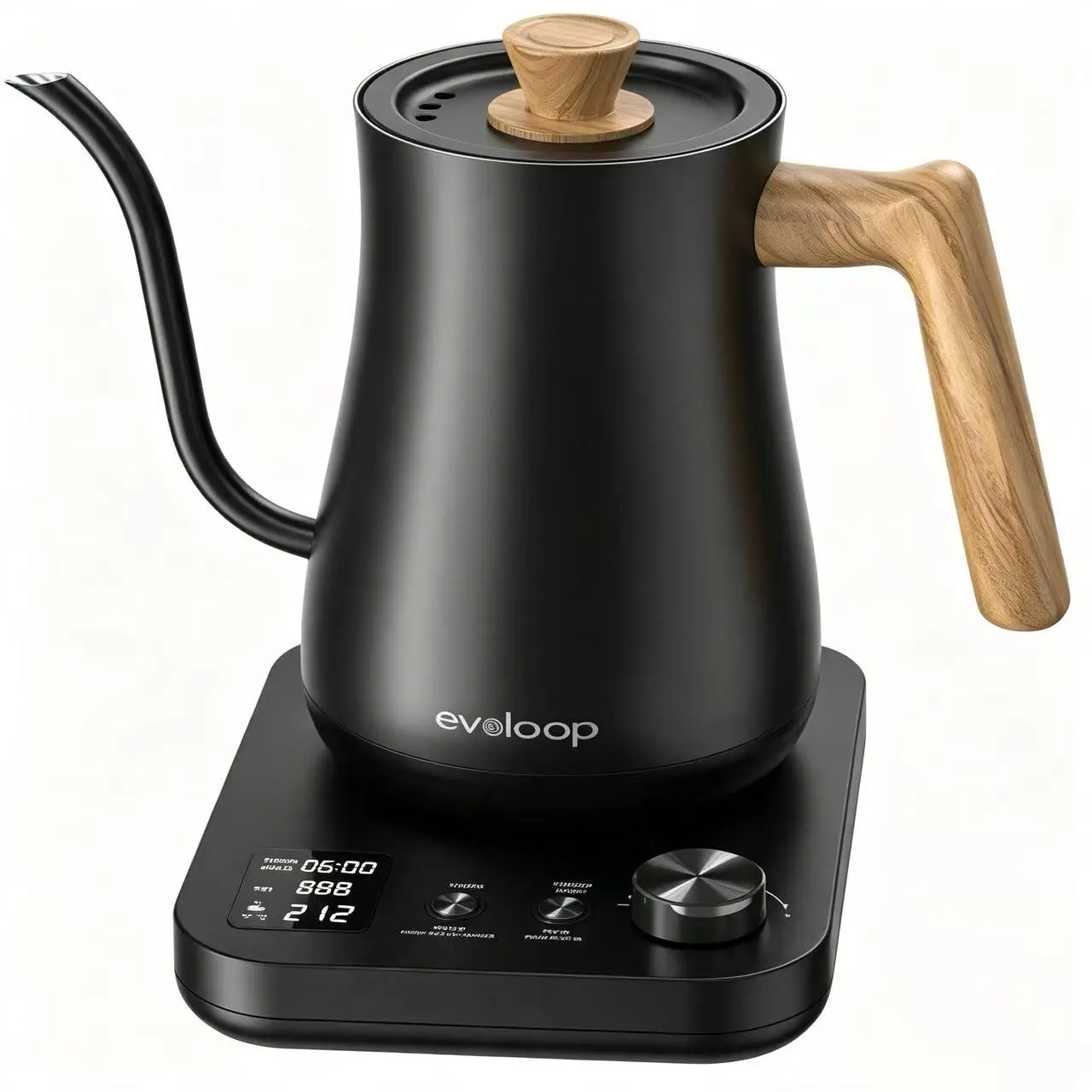 EVOLOOP Gooseneck Electric Pour-Over Kettle, 0.8L Stainless Steel Interior, 1200W Fast Boil, ±1°F Precise Temp LCD Display, Retro Look Wood Finish, Ideal for Coffee Brewing (Black Wood Grain)