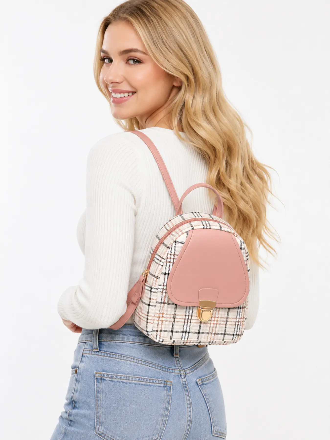 Vintage Checkered Small Plaid Pattern Casual Printed Backpack for Women with Soft Leather Flap and Secure Zipper Closure, Fashion Mini Shoulder Bag for Travel Shopping College and Daily Use, Sweet Valentines Day Mothers Day Holiday Gift for Her