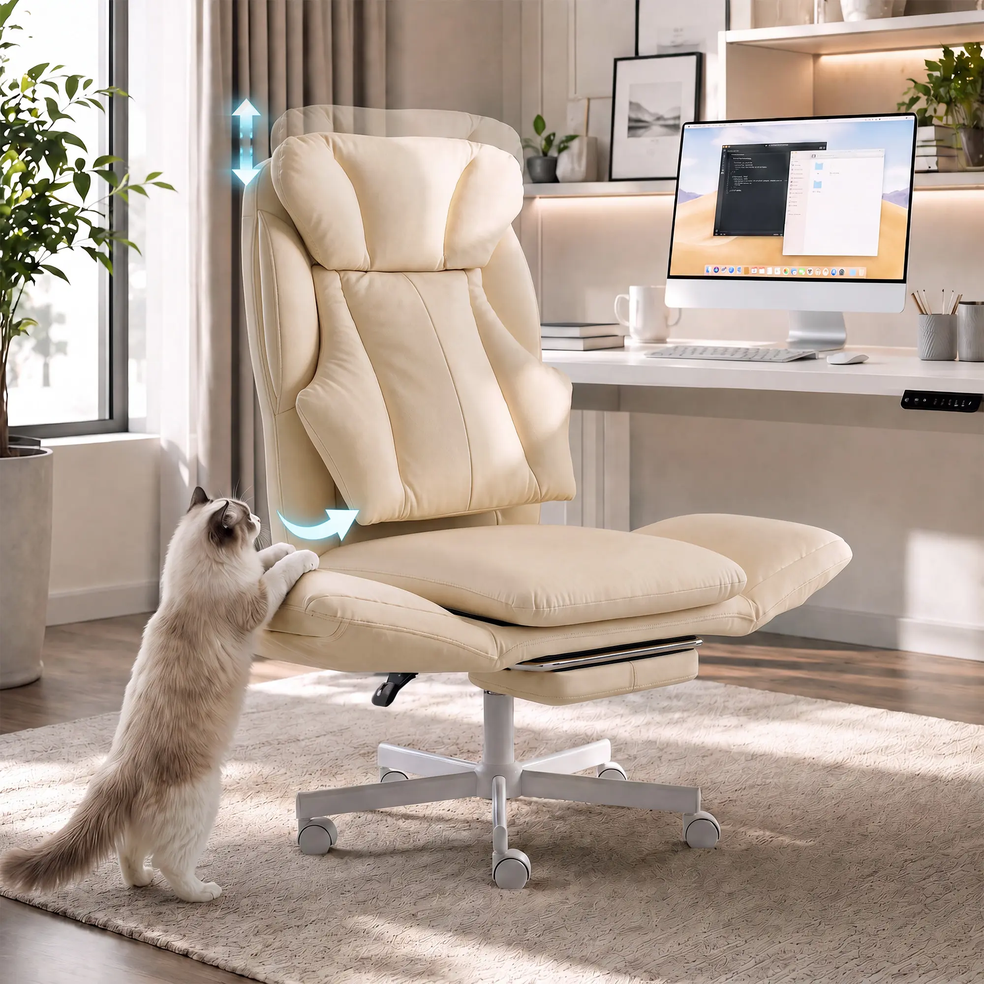 Criss Cross Office Chair with Footrest, 90°-150° Reclining Desk Chair, Cat Paw Leather Computer Chair with Adjustable Headrest, 10°-35° Lumbar Support, 5-Position Armrests