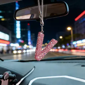Rhinestone Letter Design Car Pendant, Sparkling Rhinestone Hanging Charm, Lucky Reflective Ornament, Durable Car Interior Accessories, Car Interior Decoration, Car Accessory