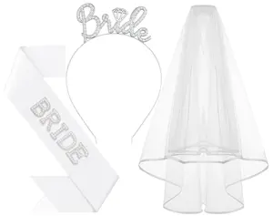 3Pcs Bride to Be Headband with Sash and Veil for Bachelorette Party Decorations, Bridal Shower Accessories for Gift, Favors - Silver