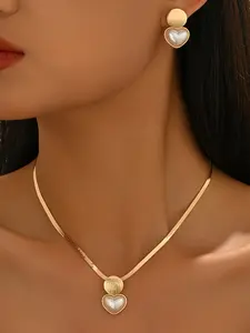 Women's Jewelry Set, Flat Snake Chain Necklace & Earrings, Geometric Design, Heart Artificial Pearl Pendant, Fashionable Gift