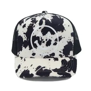 Pasture Trucker - Black & White Cowhide Classic Fit Faux Cowhide Front & Brim Premium Mesh Back Custom Taping & Labeling