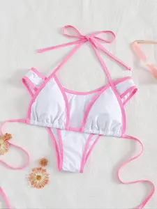 Two-Piece Set Women's Contrast Binding Bikini Set, Casual Halter Neck Triangle Bikini Swim Top & Swim Panty, Ladies Summer Swimsuit for Beach Holiday Vacation, Bikini Outfits, Fitted Triangle Swimwear