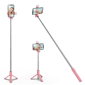 Tianle Selfie Stick Tripod with Fill Light Extendable Selfie Stick Tripod with Wireless Remote and Tripod Stand Group Selfies Live Streaming Video Recording Compatible with All Cellphones Pink