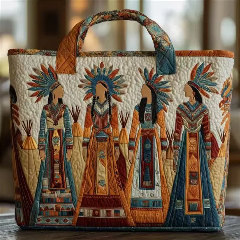 Patchwork Native American Figure Tribal Print Quilted Hand and Shoulder Bag for Women Ethnic Art Lovers, Casual Daily Use, Large Capacity, Polyester Lightweight Portable Shopping Handbag